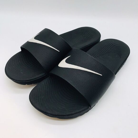 Nike Kawa Slides 819352-001 size 7Y - 7M - 8.5W Black with White Swoosh Sandals - Picture 1 of 10
